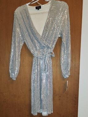 Silver Sequin Wrap Midi Dress